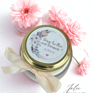 bougie personnalisée demande marraine 65ml + pochon surprise en coton
