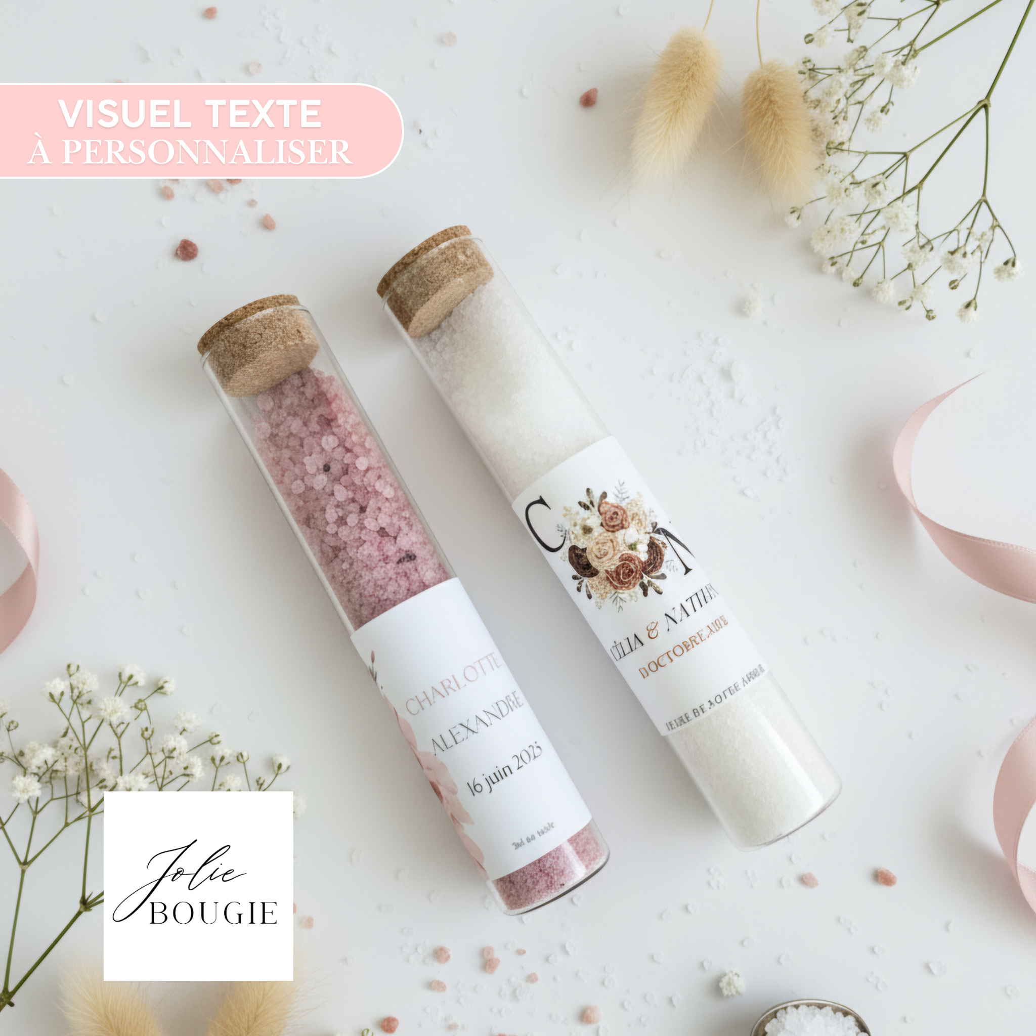 tube de sel rose personnalisé mariage 90 gr cadeaux invités
