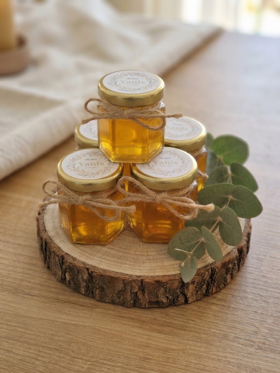 cadeau invité anniversaire – petit pot de miel personnalisé ( personnalisation sur le couvercle )