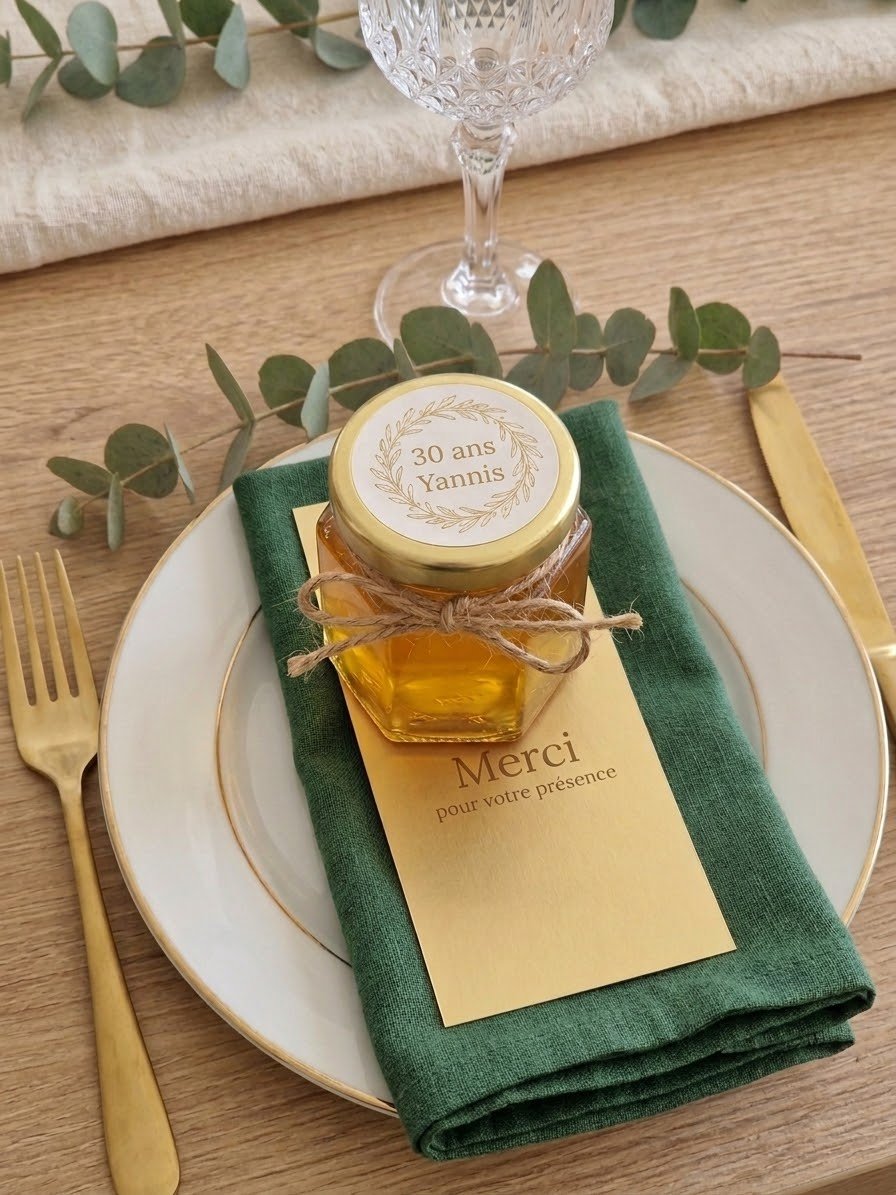 cadeau invité anniversaire – petit pot de miel personnalisé ( personnalisation sur le couvercle )