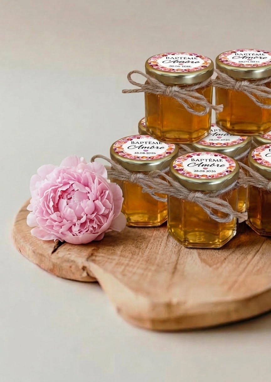 cadeau invité baptême – petit pot de miel personnalisé ( personnalisation sur le couvercle )