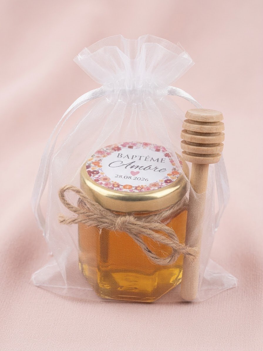 cadeau invité baptême – petit pot de miel personnalisé ( personnalisation sur le couvercle )